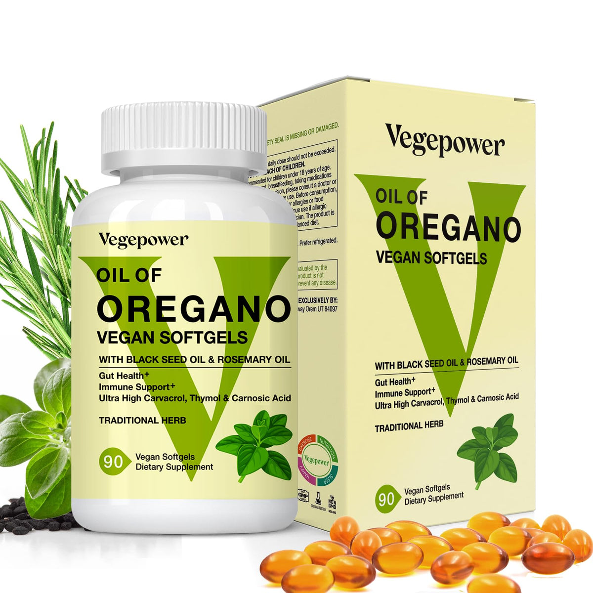 VEGEPOWER Oil of Oregano Vegan Softgels 300mg front view
