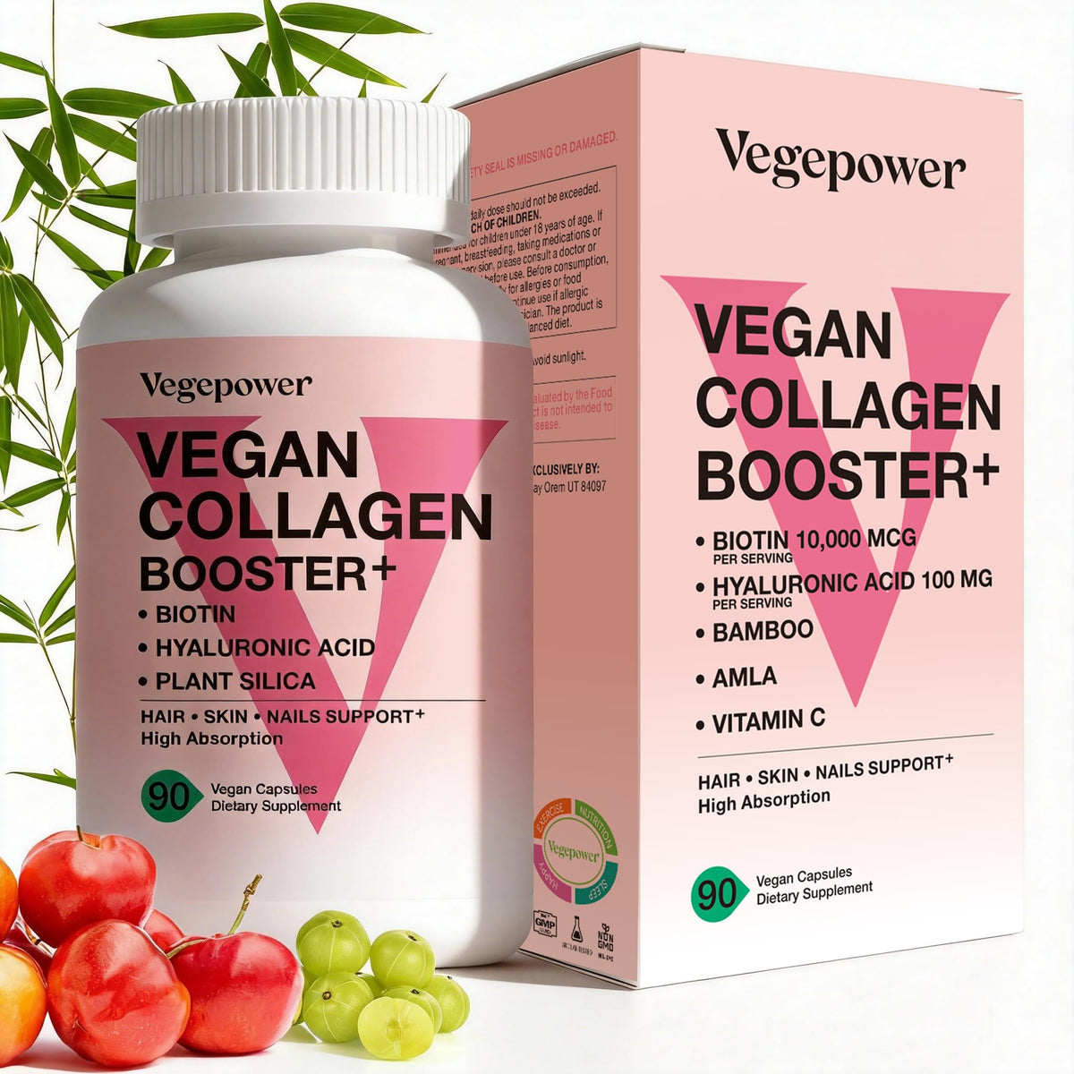 VEGEPOWER Vegan Collagen support front view with packaging