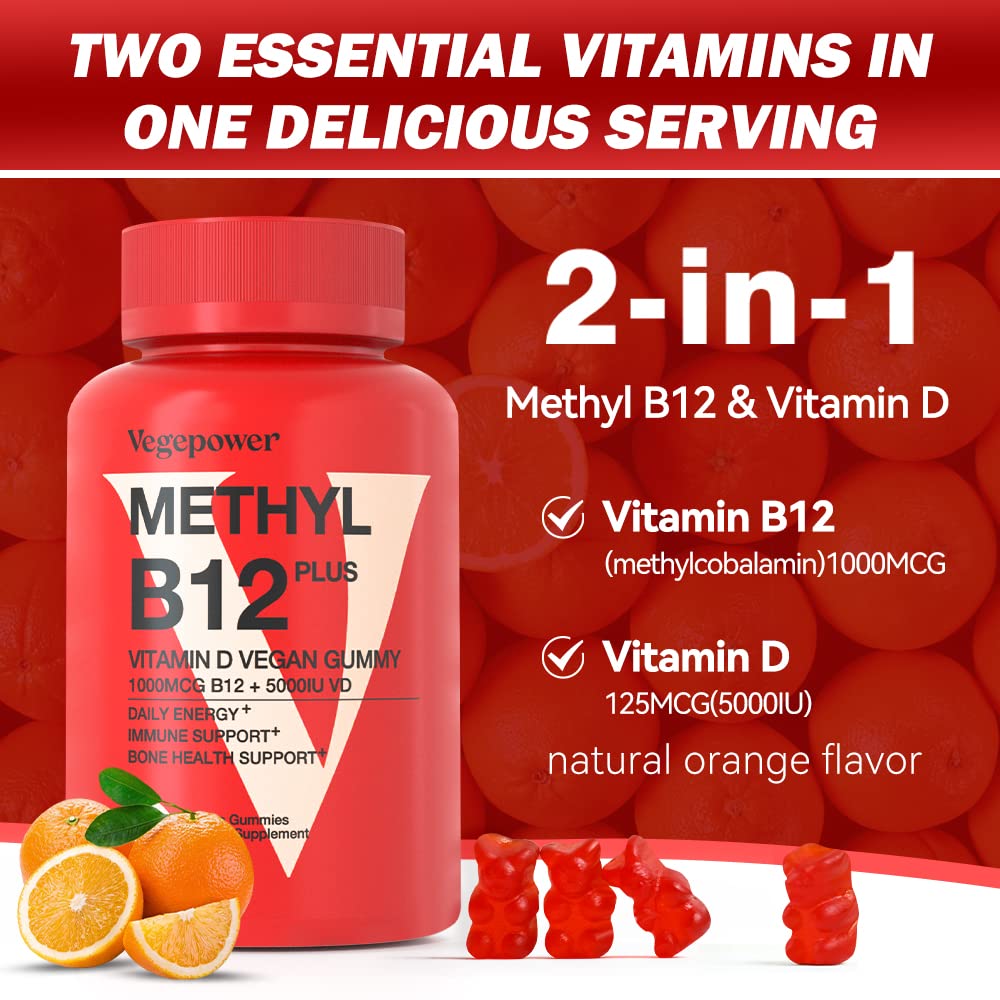 VEGEPOWER Vegan Methyl B12 D3 Gummies on a kitchen counter