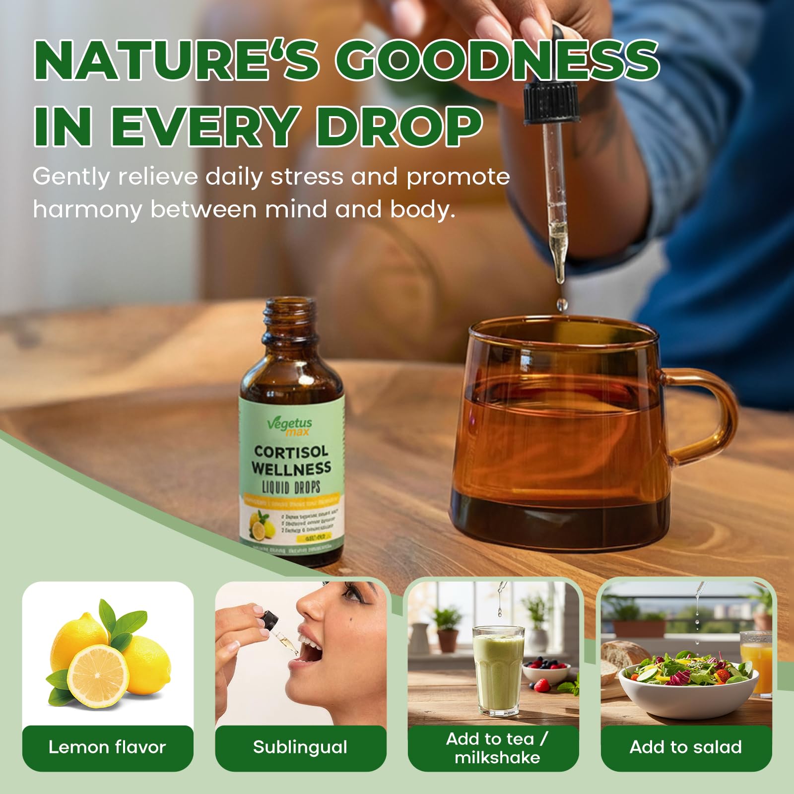 VEGETUSMAX Cortisol Support Liquid Drops on a wooden table