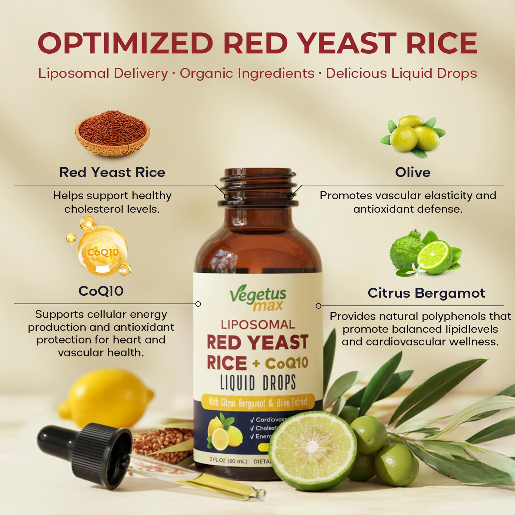 VEGETUSMAX Red Yeast Rice CoQ10 Liquid Drops with citrus fruits