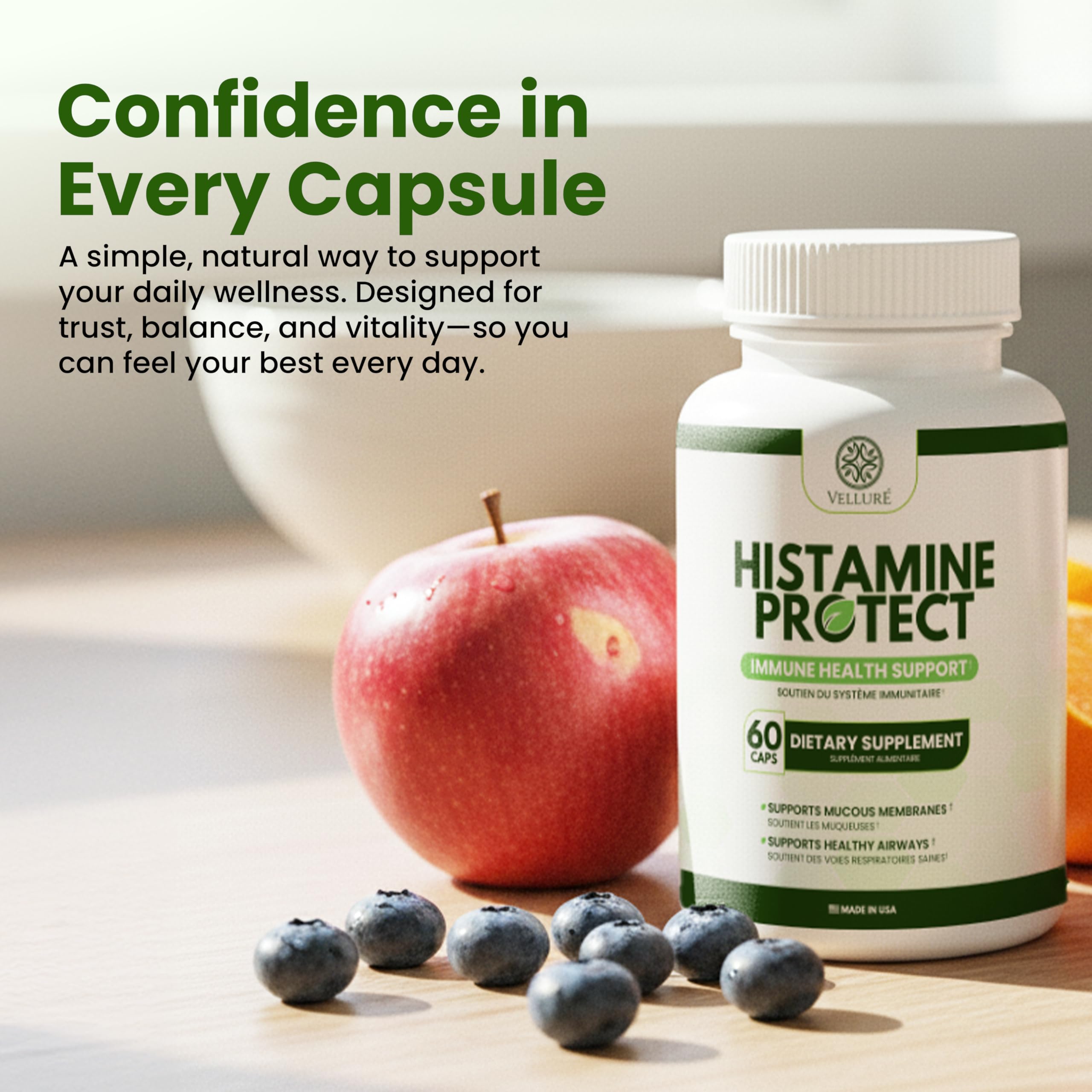 Velluré Histamine Protect bottle with a natural background