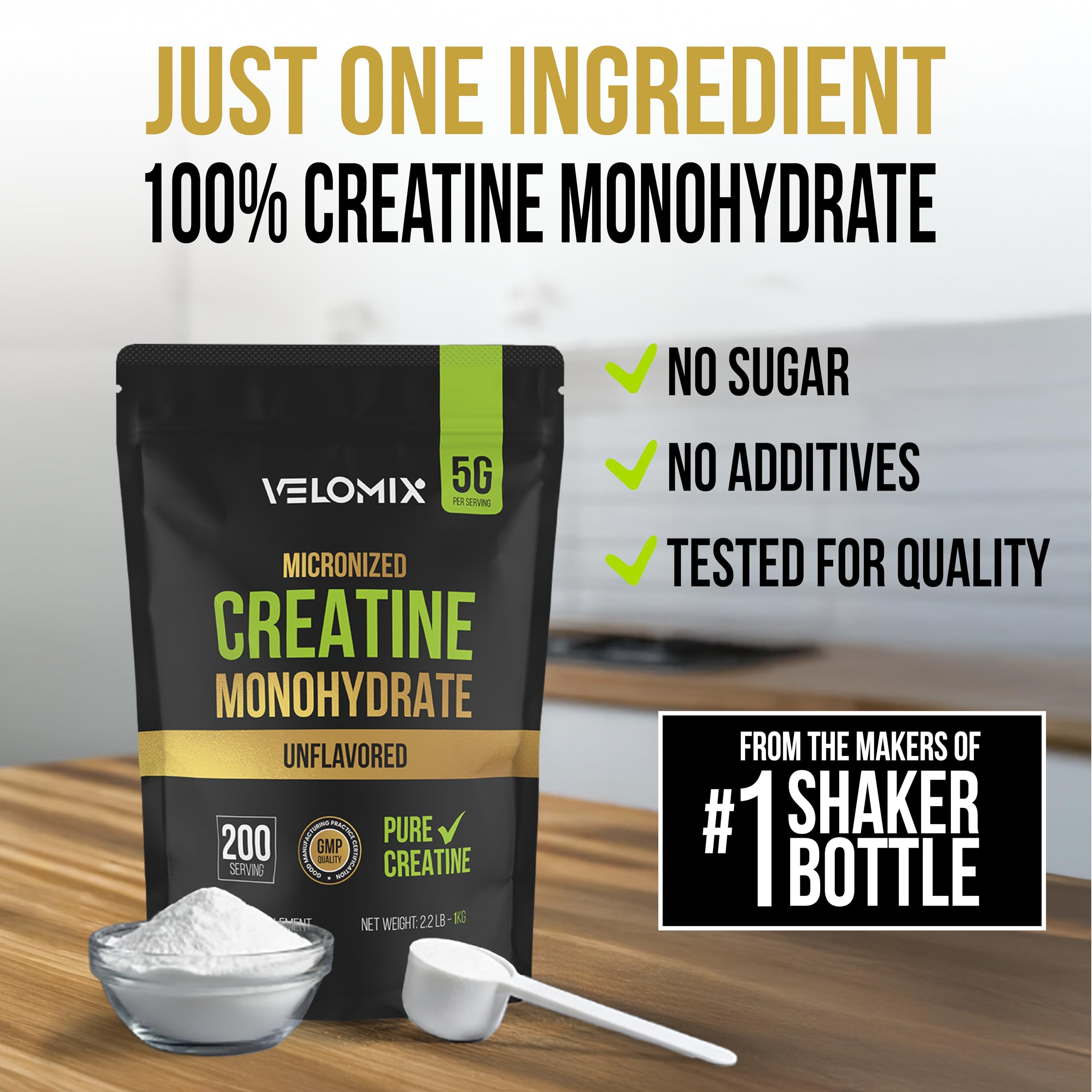 VELOMIX Creatine Monohydrate Powder in a glass of water