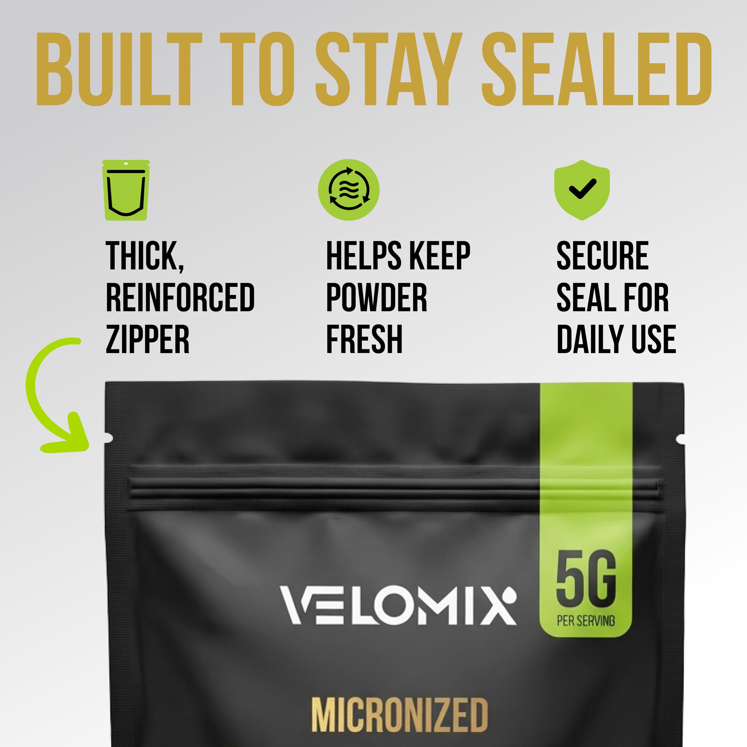 VELOMIX Creatine Monohydrate Powder on a kitchen counter