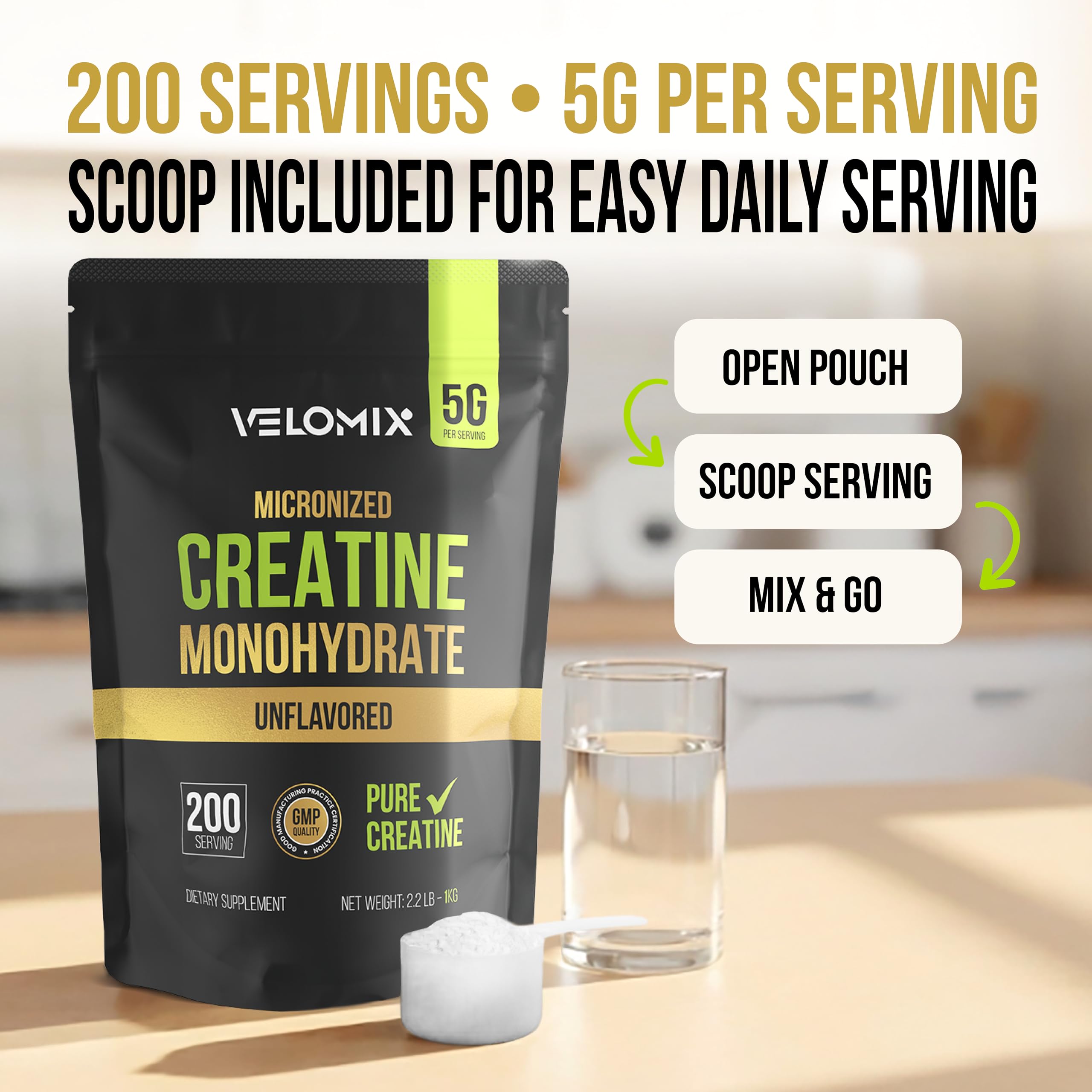 VELOMIX Creatine Monohydrate Powder with workout gear