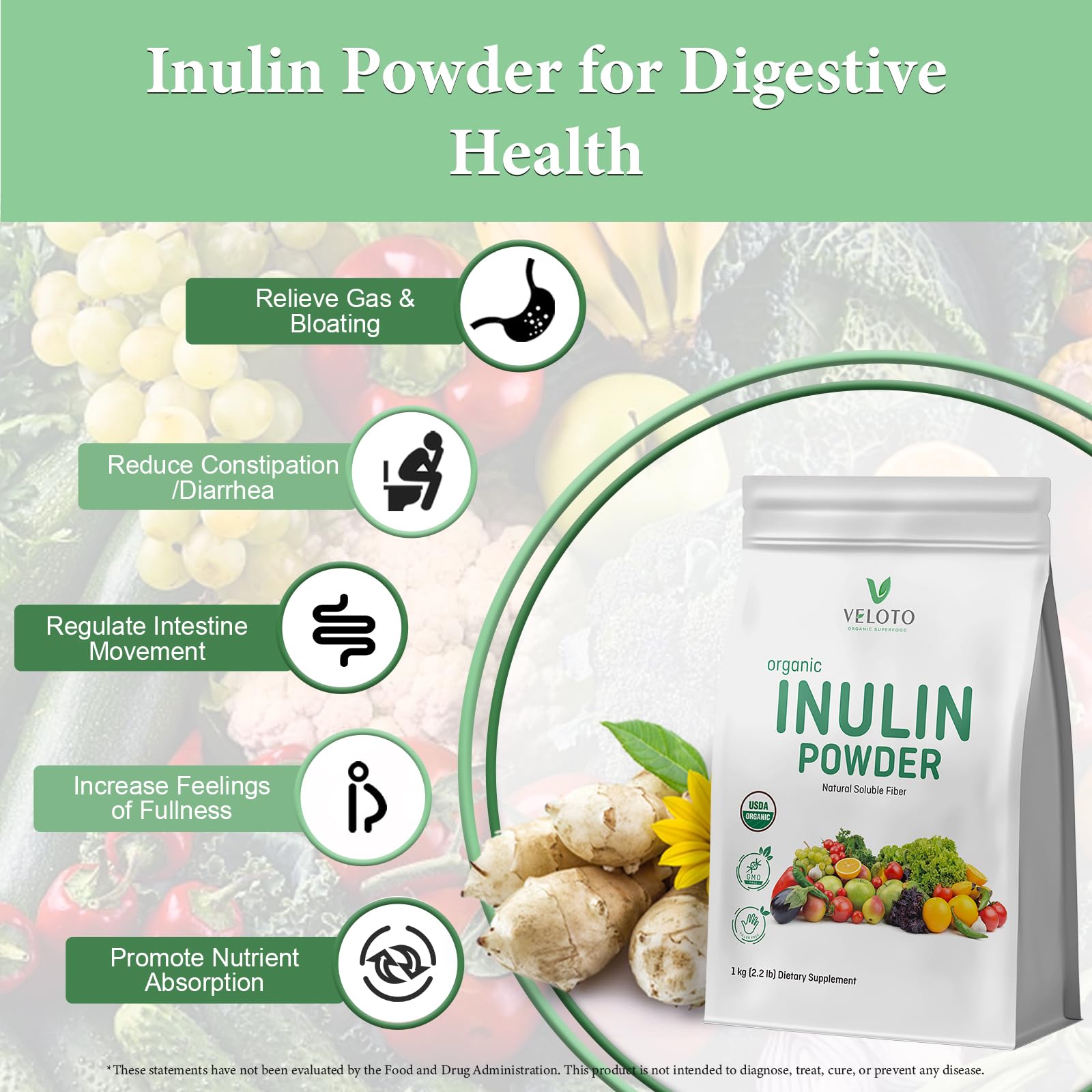VELOTO Inulin Powder 998g back view with ingredient list
