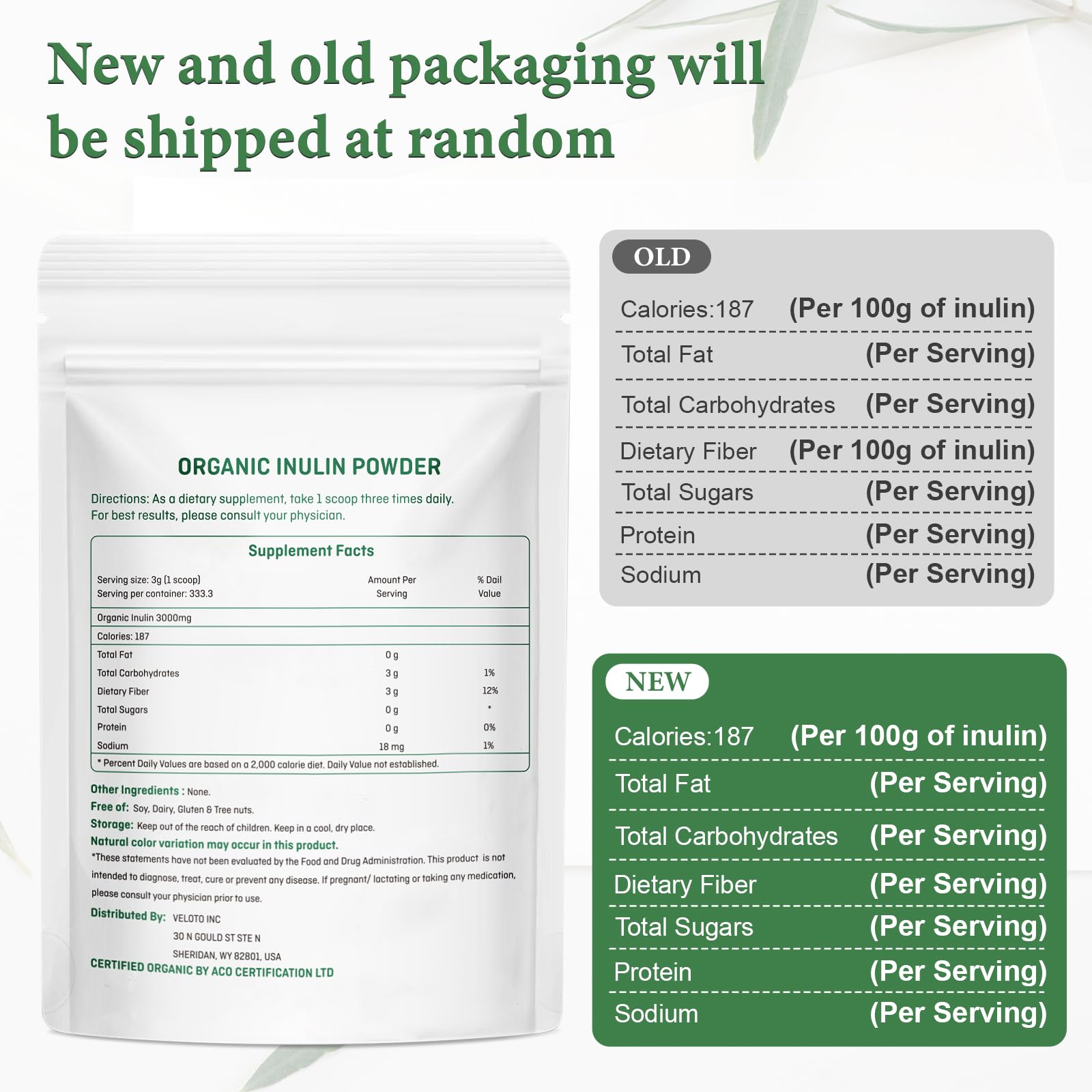 VELOTO Inulin Powder 998g side view showing nutrition label