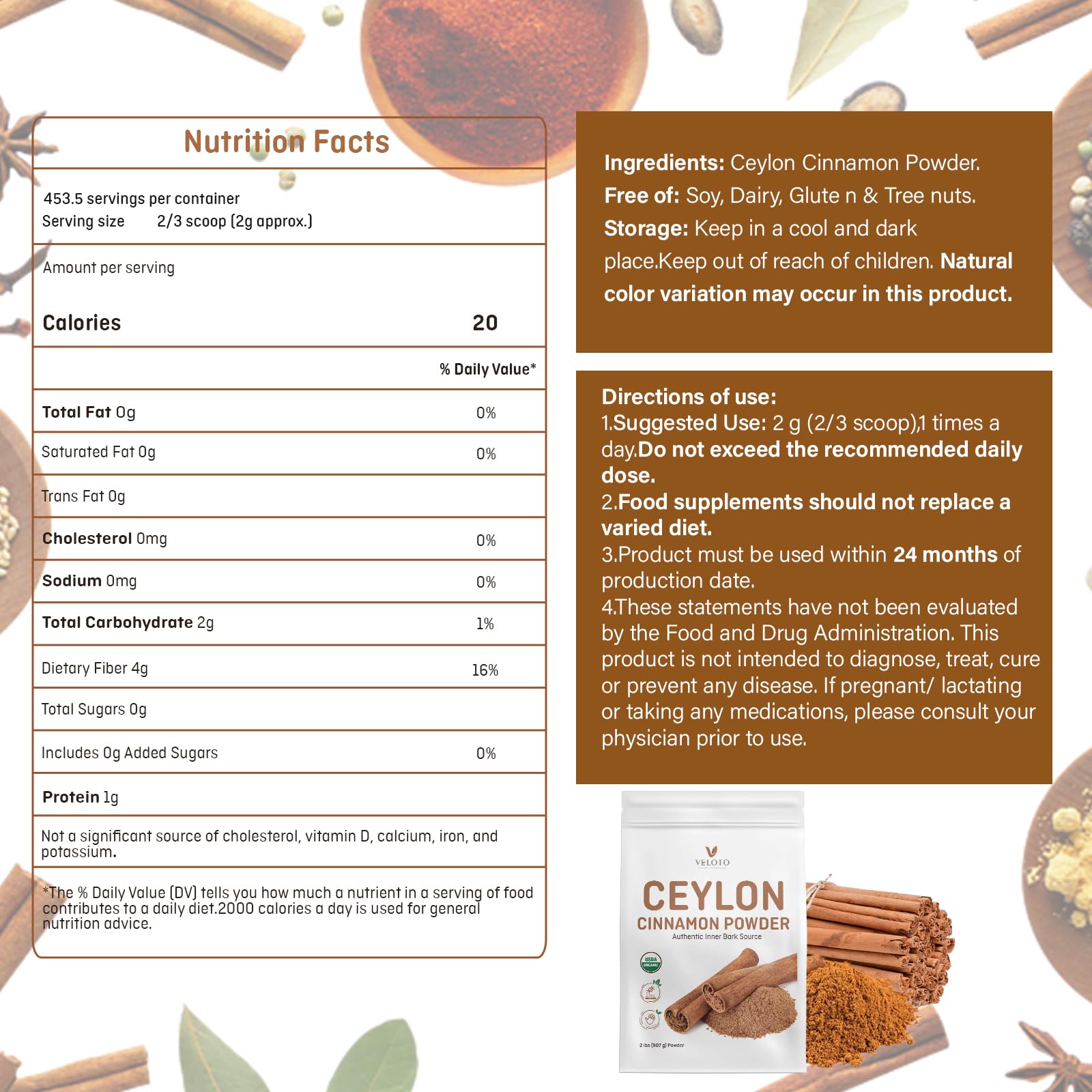 VELOTO Organic Ceylon Cinnamon Powder 907g packaging