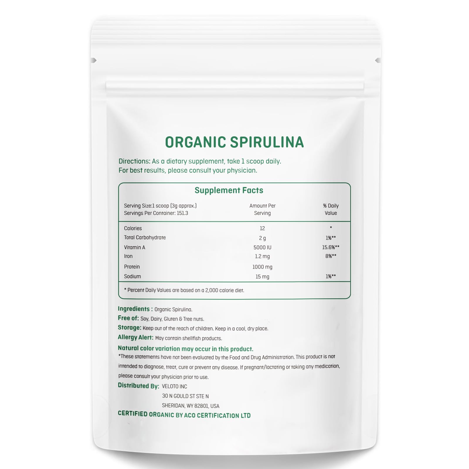VELOTO Spirulina Powder 454g side view with nutritional information