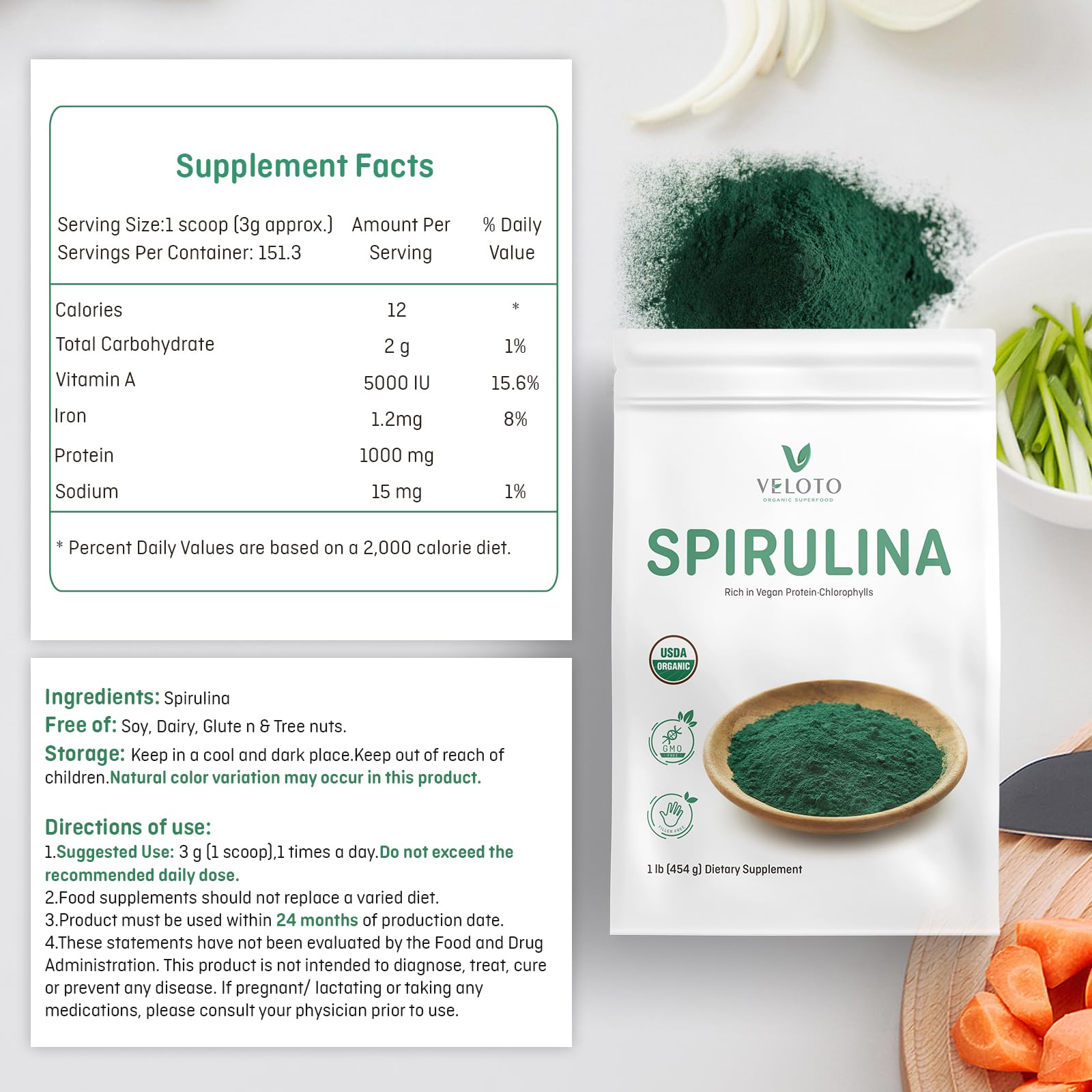 VELOTO Spirulina Powder 454g with a measuring scoop