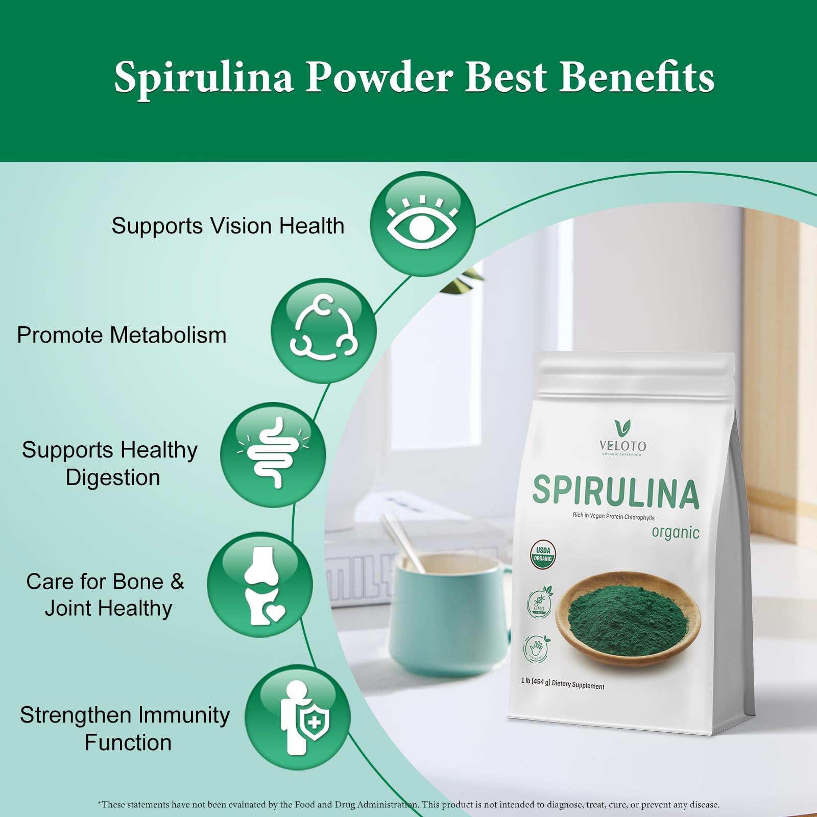 VELOTO Spirulina Powder 454g with a smoothie bowl