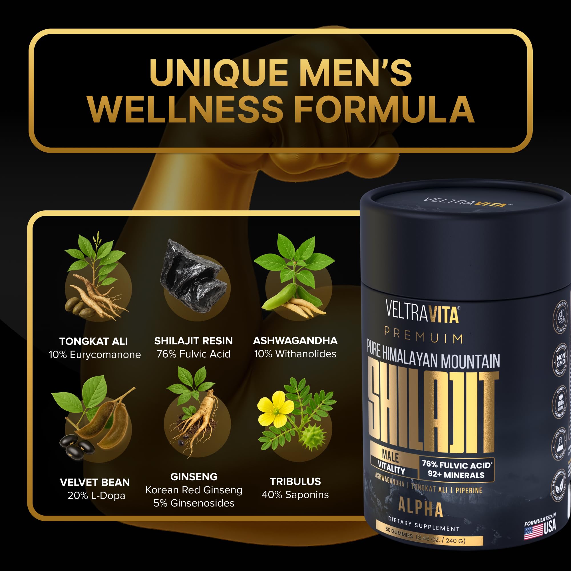 VeltraVita Alpha Shilajit Men's Supplement gummies close-up