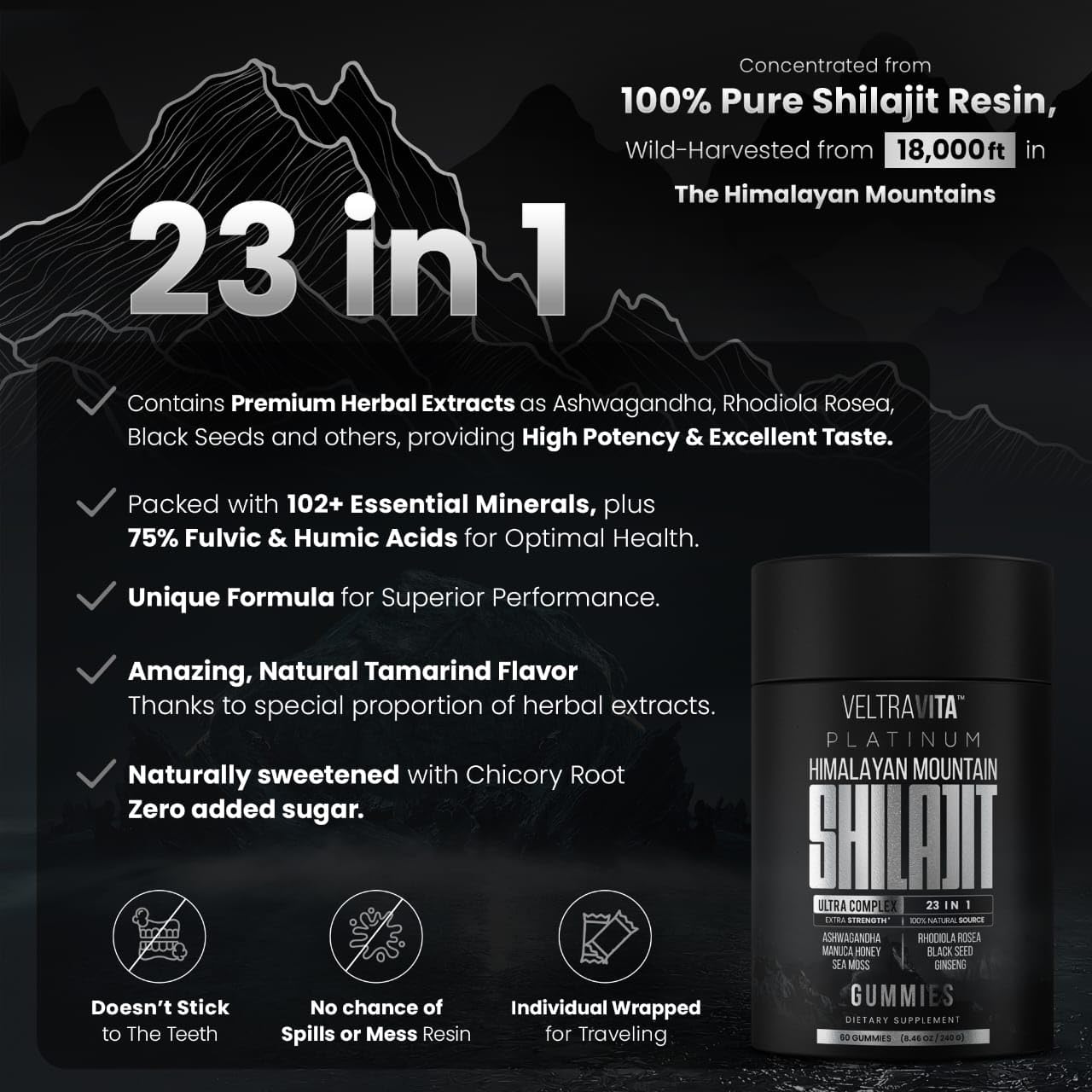 VeltraVita Himalayan Shilajit Gummies ingredients list on packaging