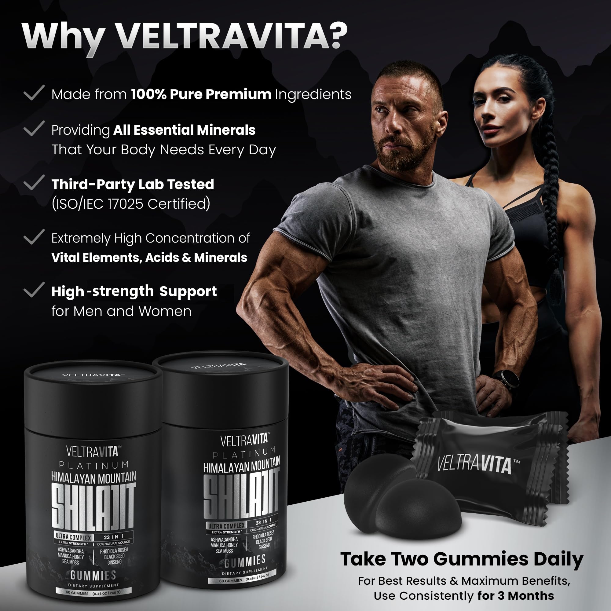 VeltraVita Himalayan Shilajit Gummies on a wooden table