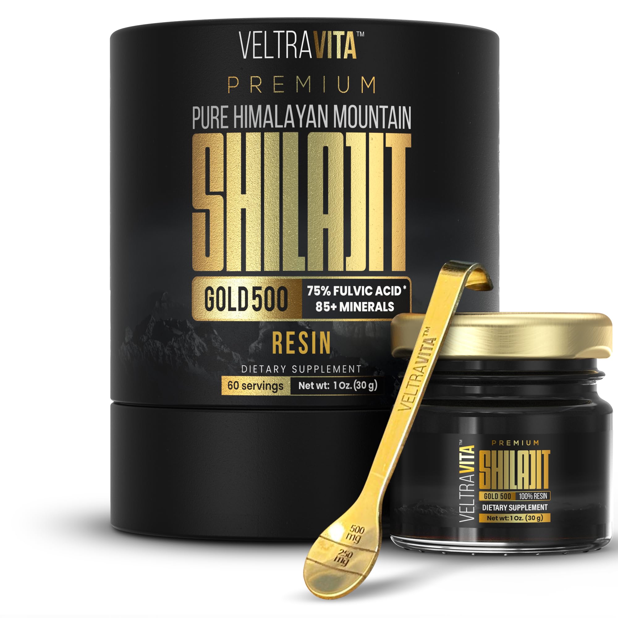 VeltraVita Shilajit Gold-Grade Resin 500mg front view