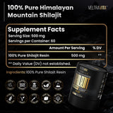 VeltraVita Shilajit Gold-Grade Resin 500mg jar on a wooden table