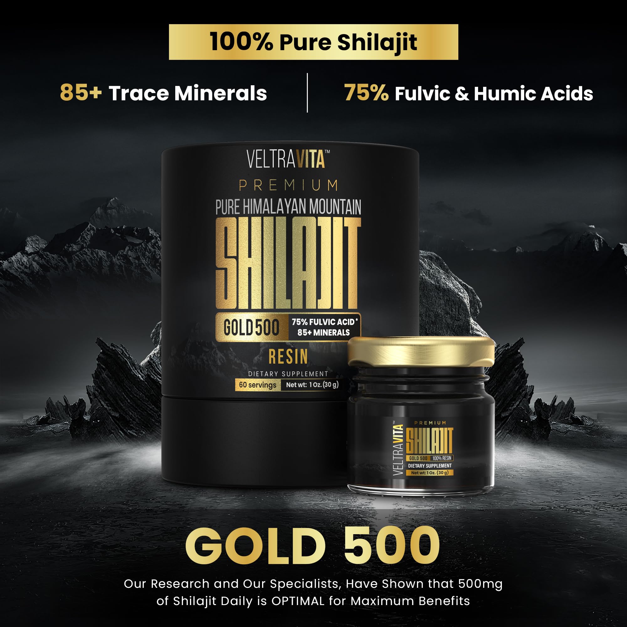 VeltraVita Shilajit Gold-Grade Resin 500mg jar with measuring spoon