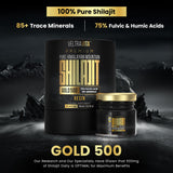 VeltraVita Shilajit Gold-Grade Resin 500mg jar with measuring spoon