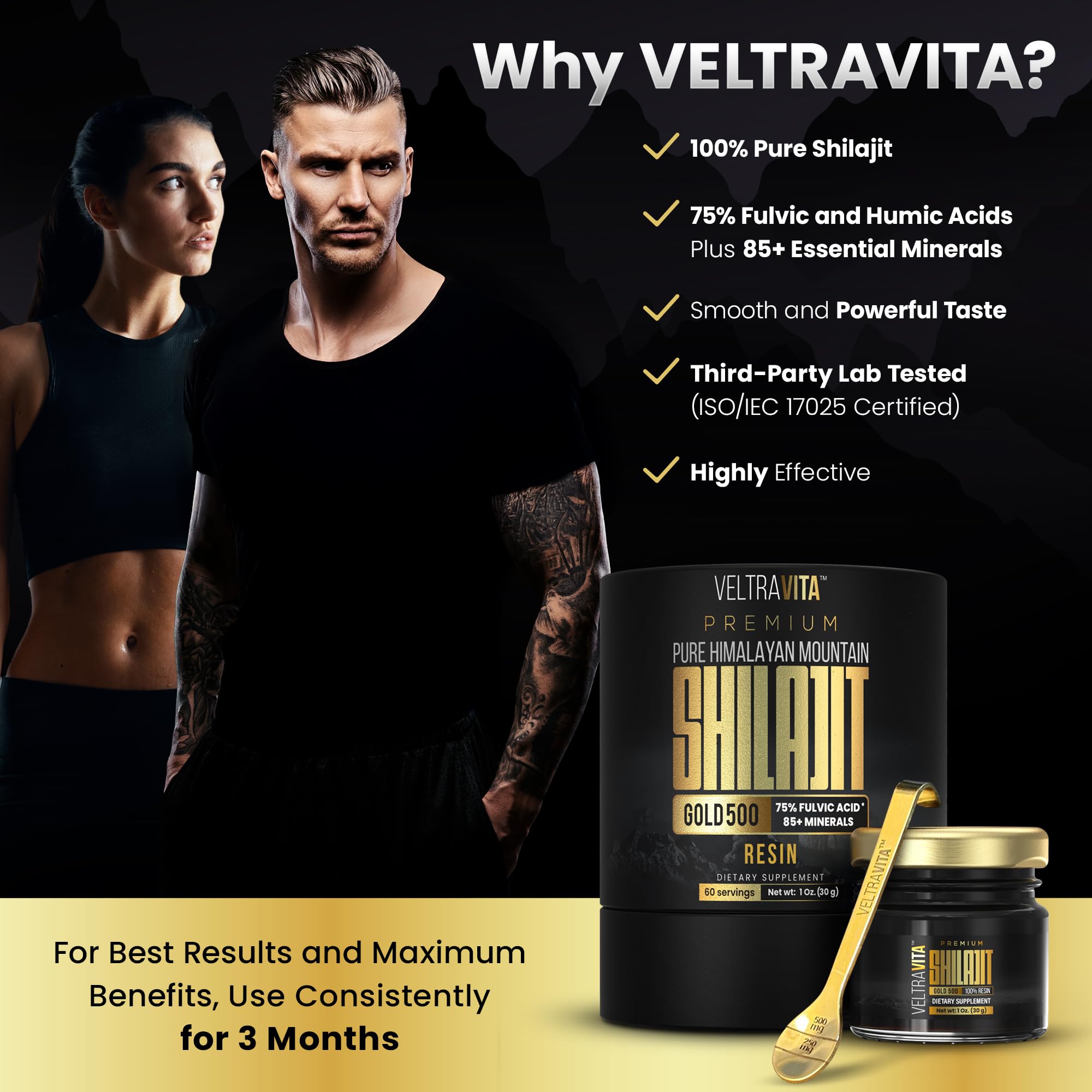 VeltraVita Shilajit Gold-Grade Resin 500mg with herbal supplements
