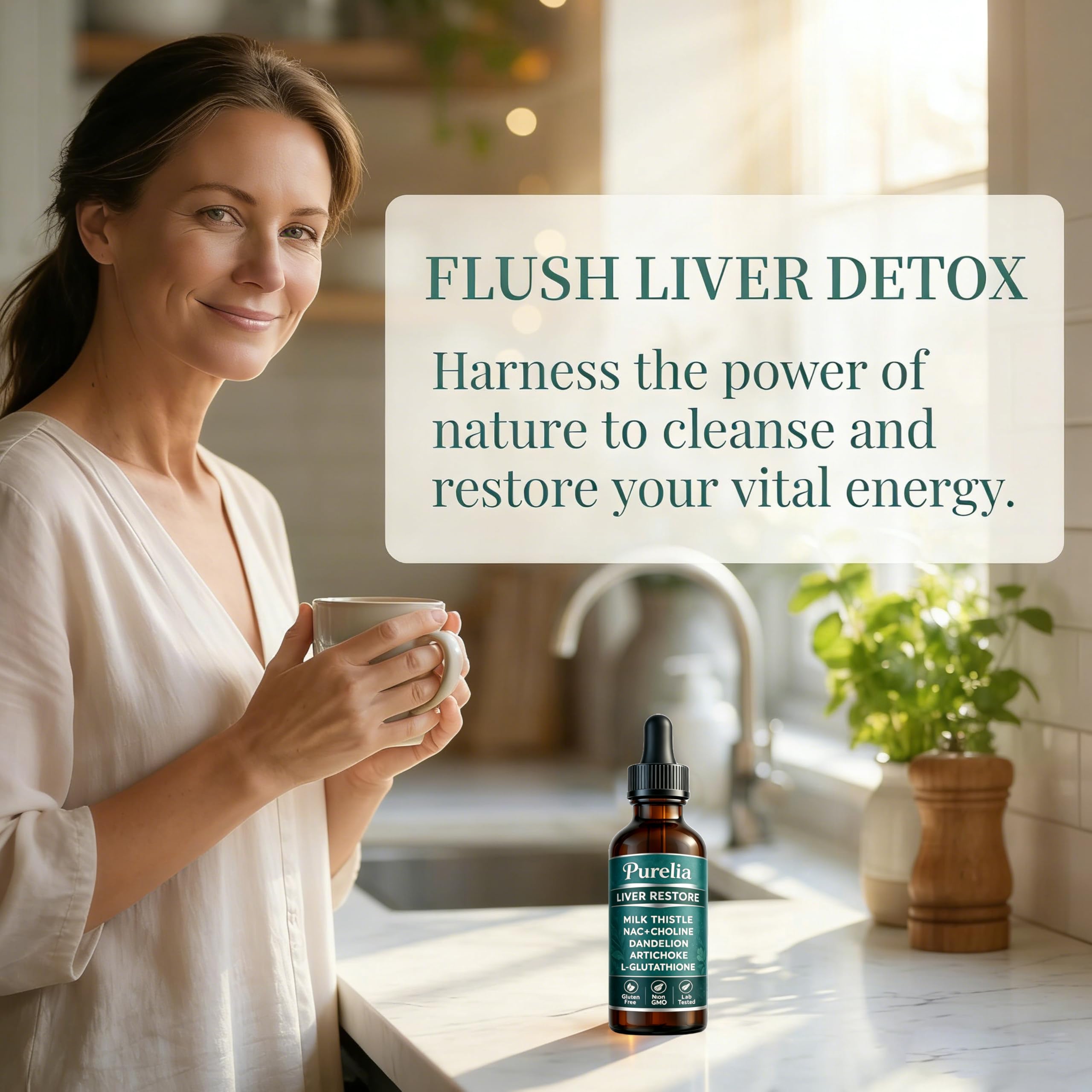 velura Liver Restore Drops lifestyle scene with healthy foods