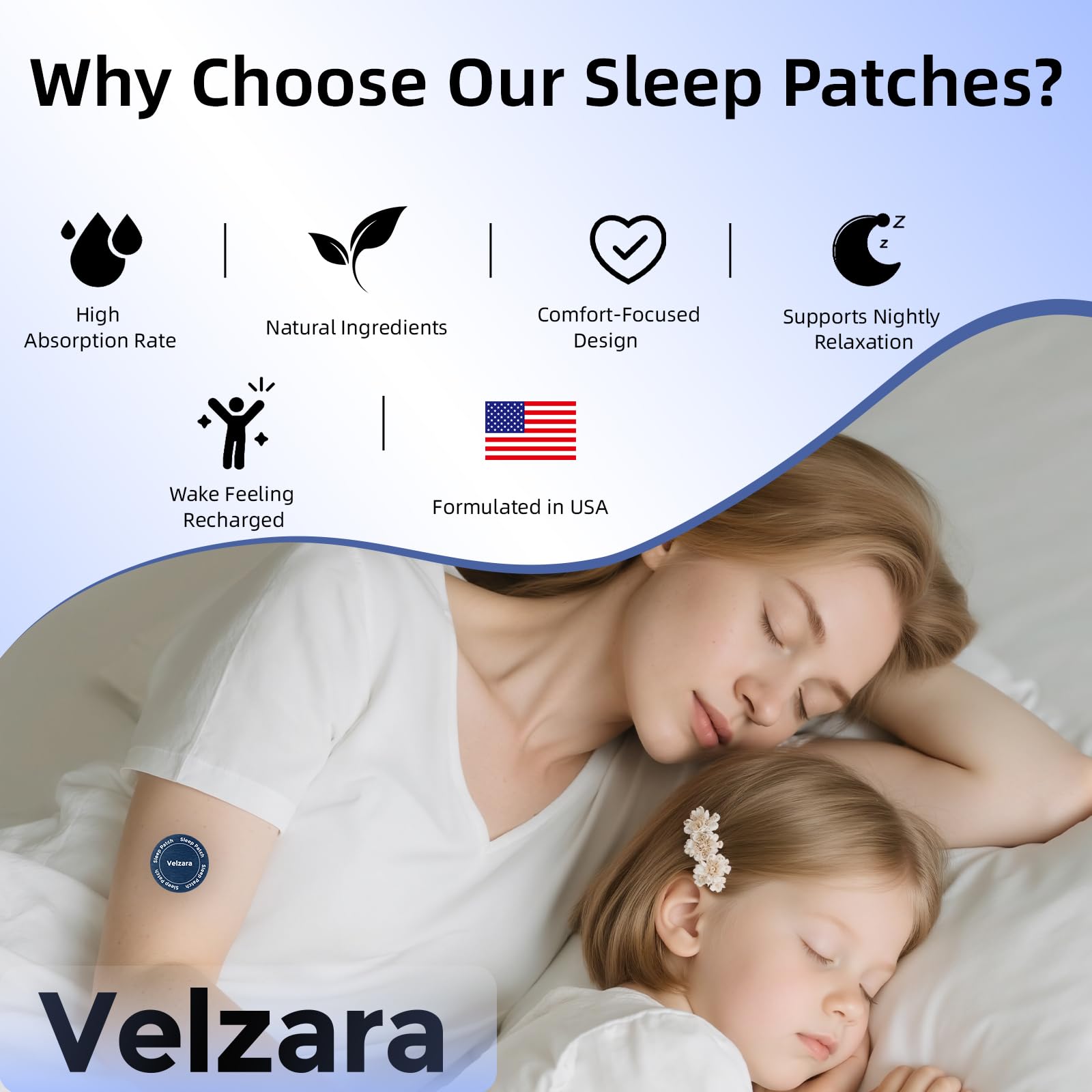 Velzara Sleep Patches back view showing application instructions