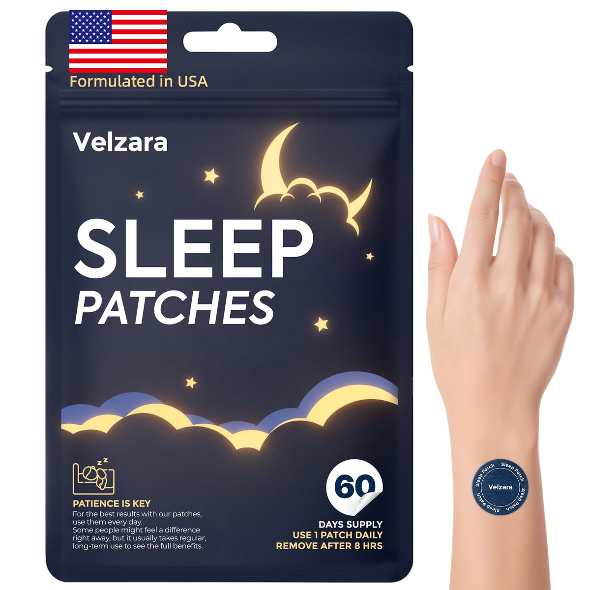 Velzara Sleep Supplement 18g front view with plant-based ingredients