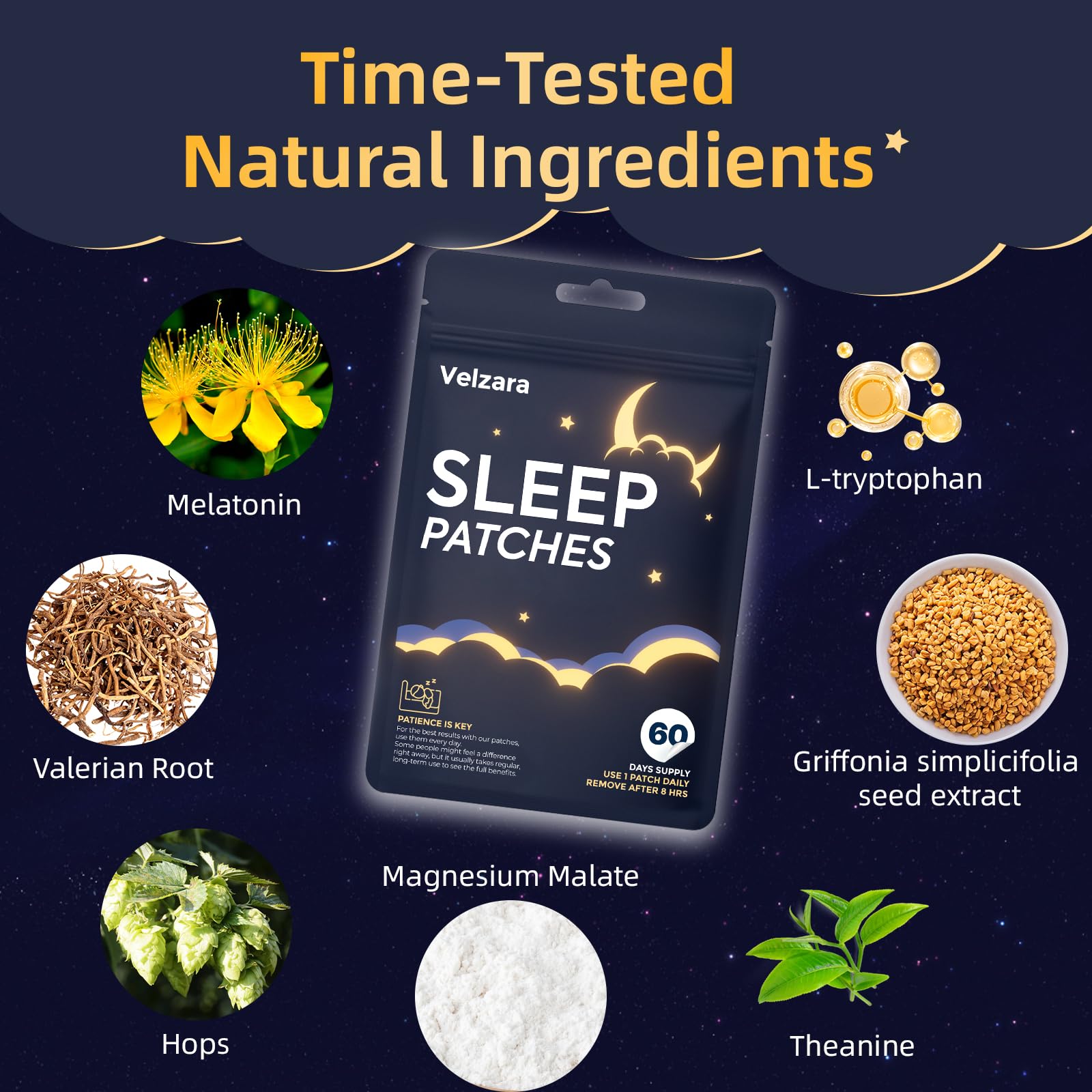 Velzara Sleep Supplement 18g packaging side view