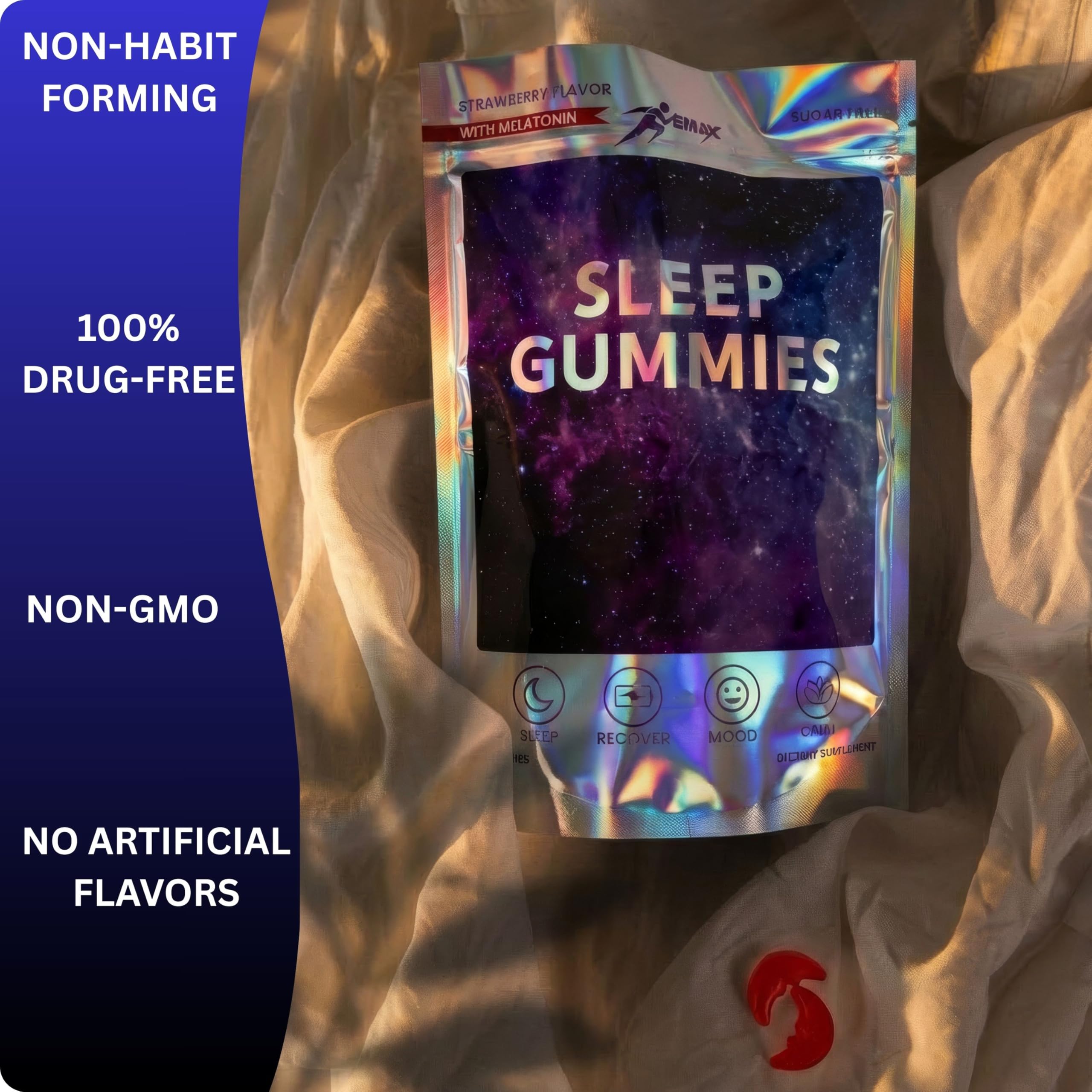 Vemax Sleep Gummies 10mg Melatonin gummy on a wooden table