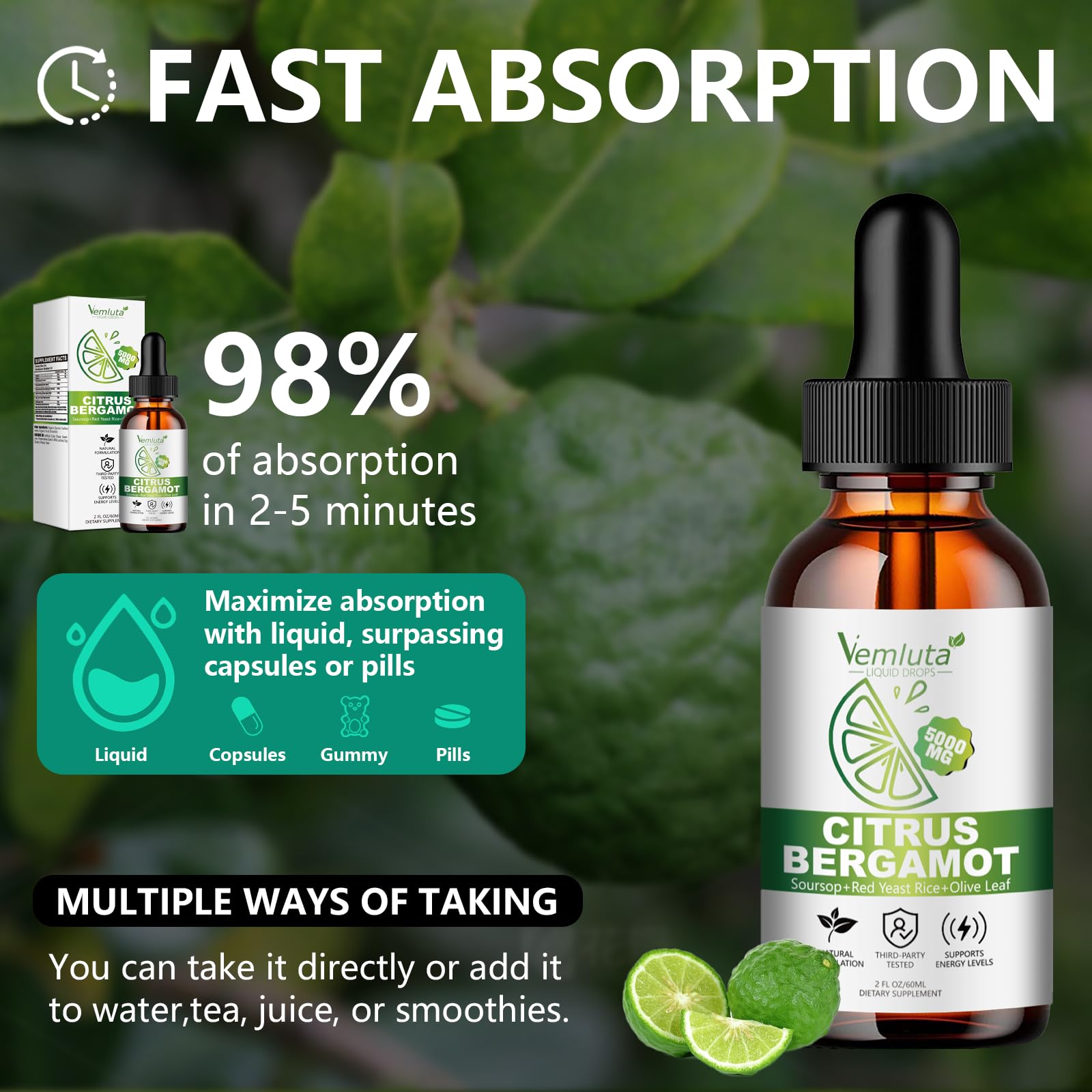 Vemluta Citrus Bergamot Liquid Drops 5000mg bottle on table