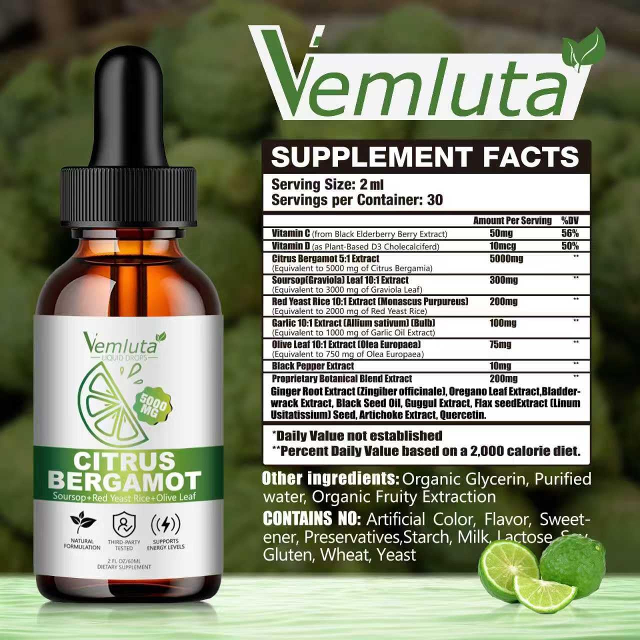 Vemluta Citrus Bergamot Liquid Drops bottle with dropper