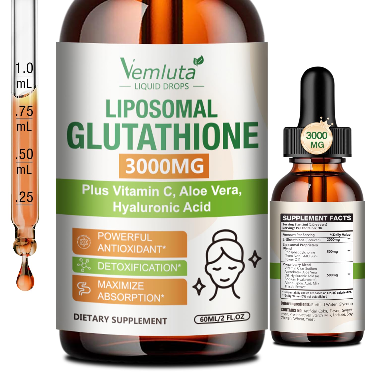 Vemluta Liposomal Glutathione 3000mg liquid supplement bottle front view