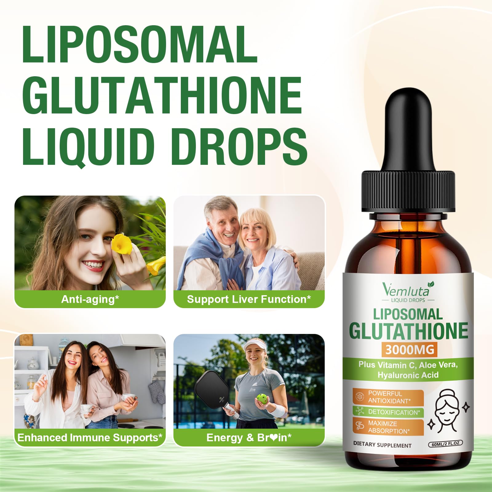 Vemluta Liposomal Glutathione 3000mg liquid supplement with measuring dropper