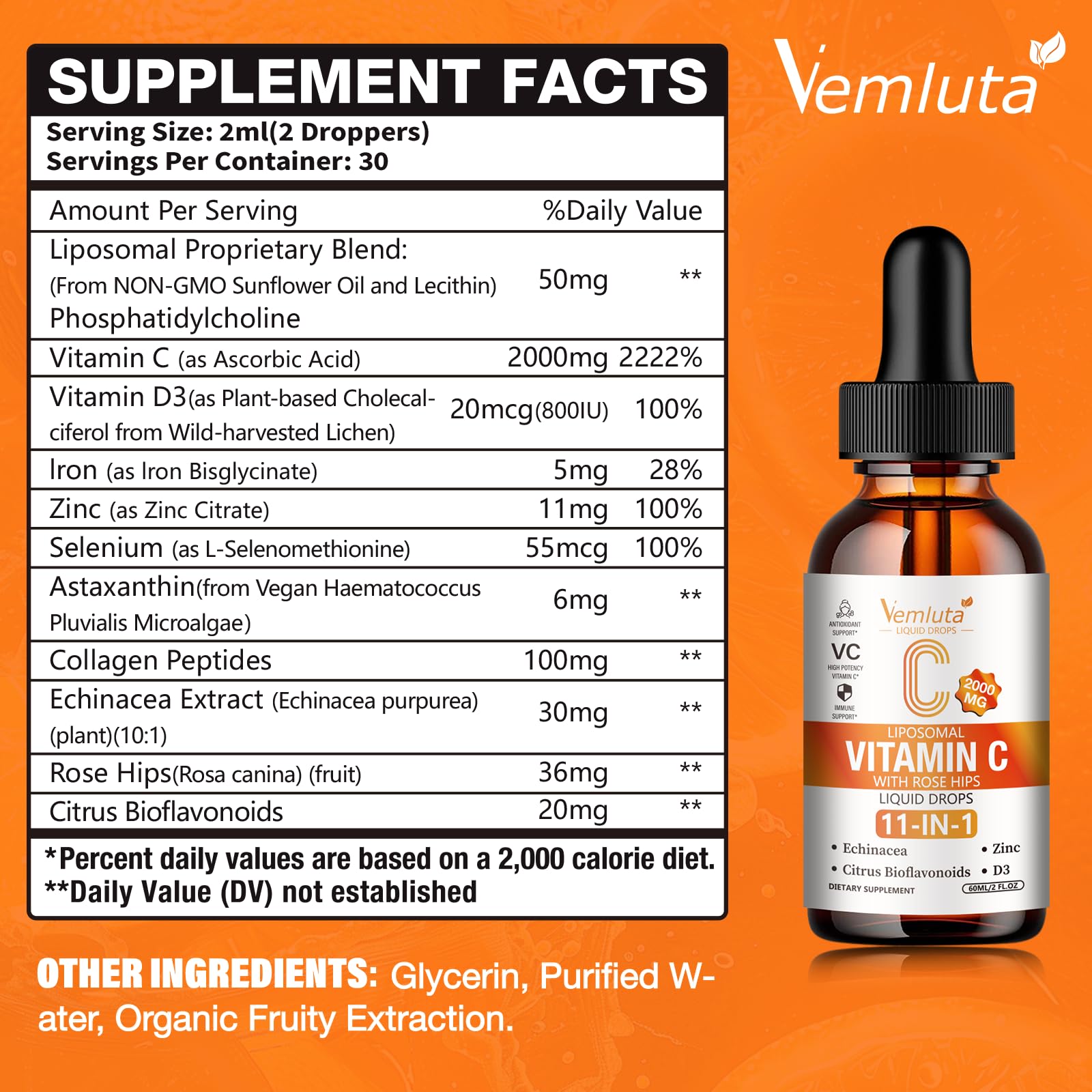 Vemluta Liposomal Vitamin C Liquid Drops packaging details
