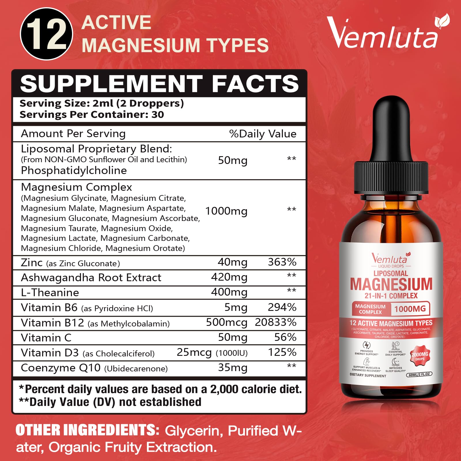 Vemluta Magnesium Complex Liquid Drops 1000mg bottle side view