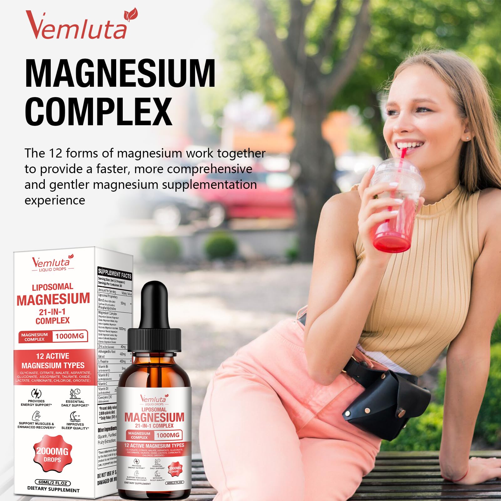 Vemluta Magnesium Complex Liquid Drops 1000mg with measuring spoon