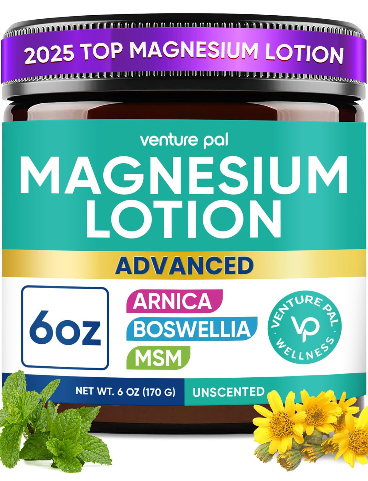 Venture Pal Magnesium Lotion 250mg front view with peppermint infusion