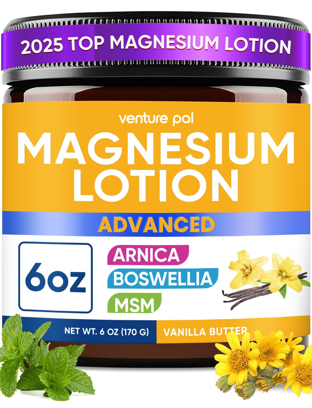 Venture Pal Magnesium Lotion 250mg front view with peppermint scent