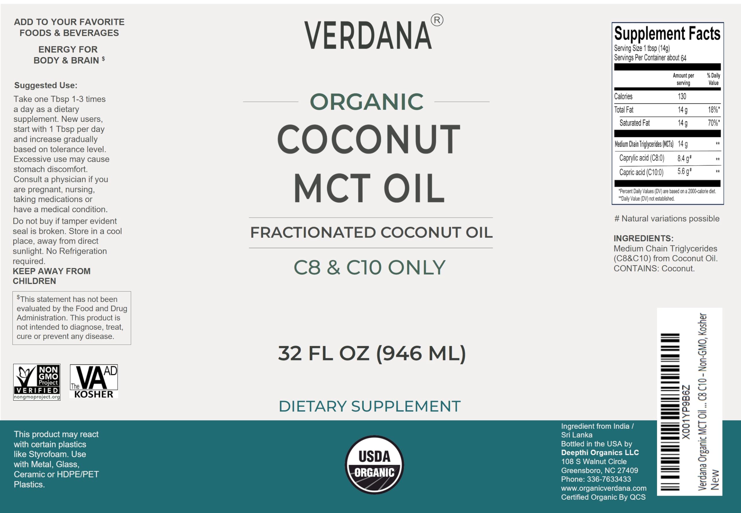 Verdana Coconut MCT Oil 32oz with coconut and coffee
