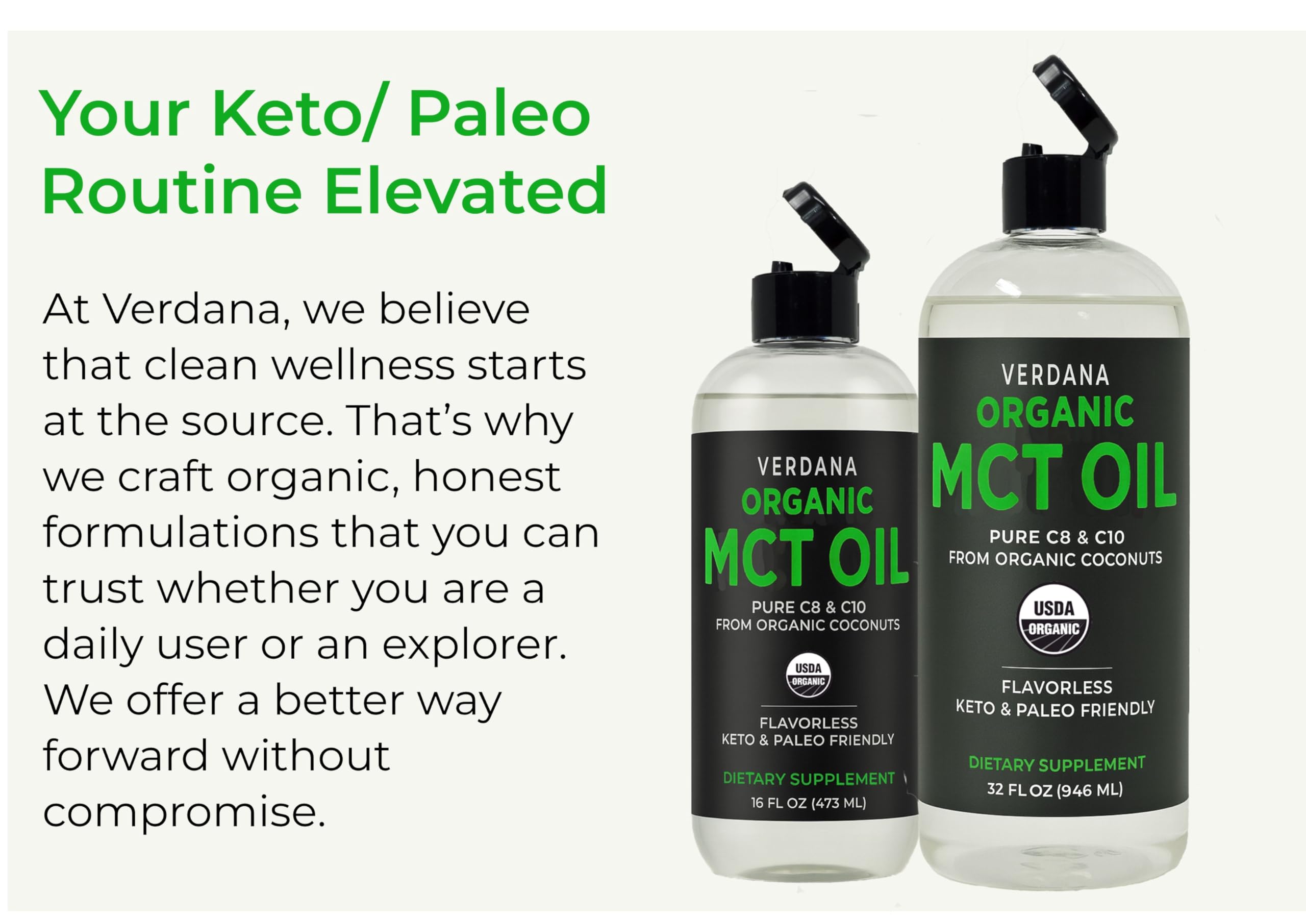 Verdana MCT Oil 939g with organic coconuts in background