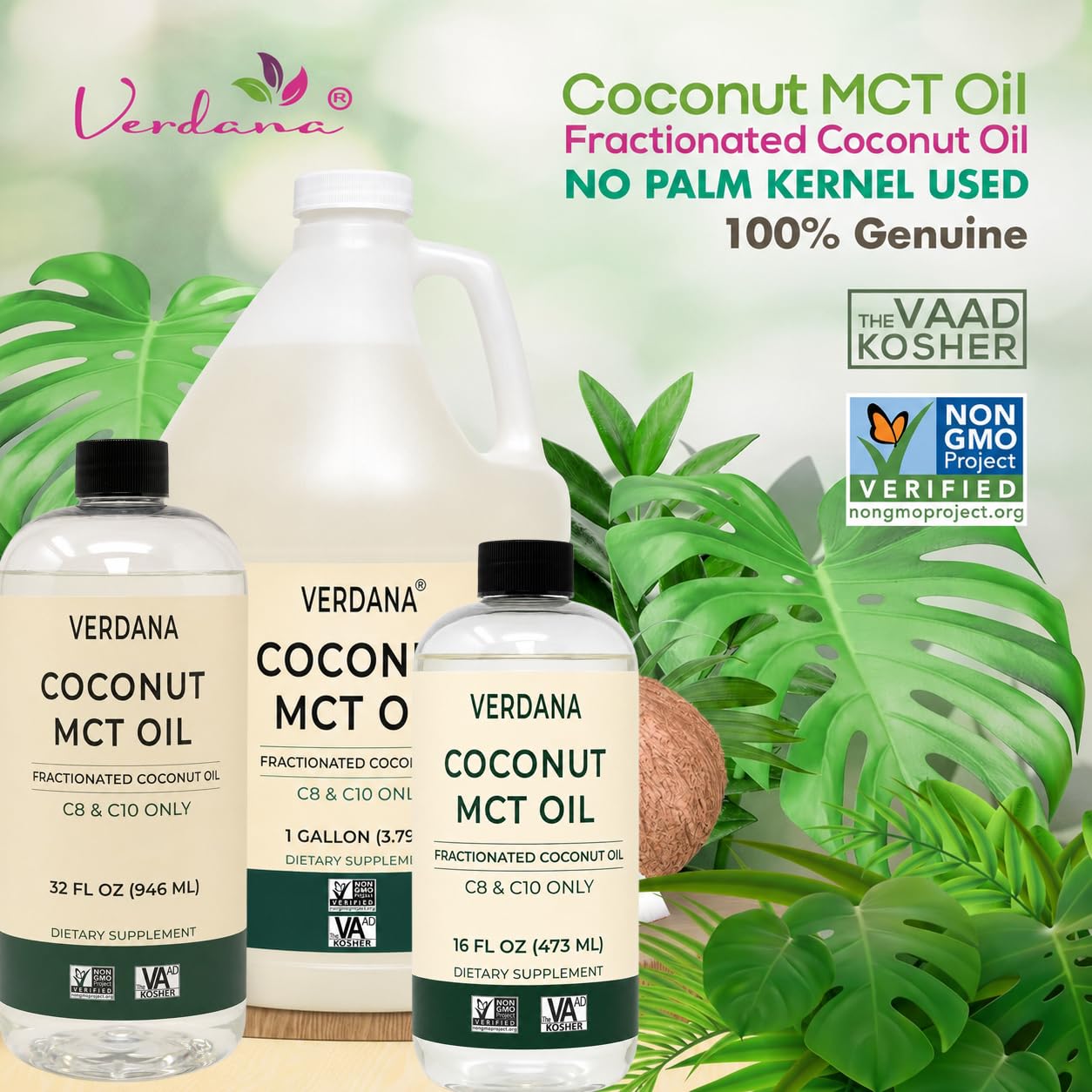 Verdana MCT Oil label showing Non-GMO and Kosher certifications