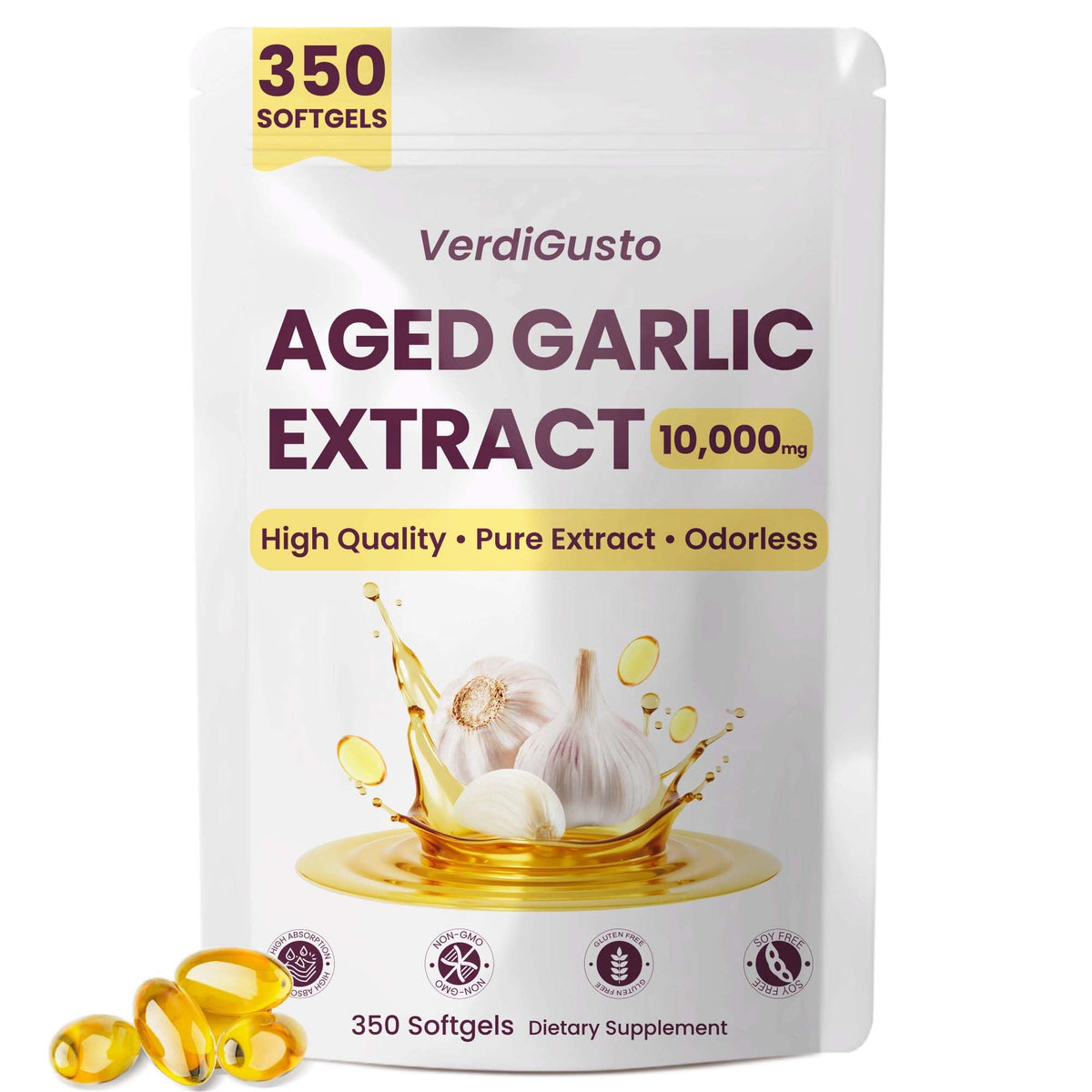 VerdiGusto Garlic Softgels 500mg Aged Garlic Extract front view