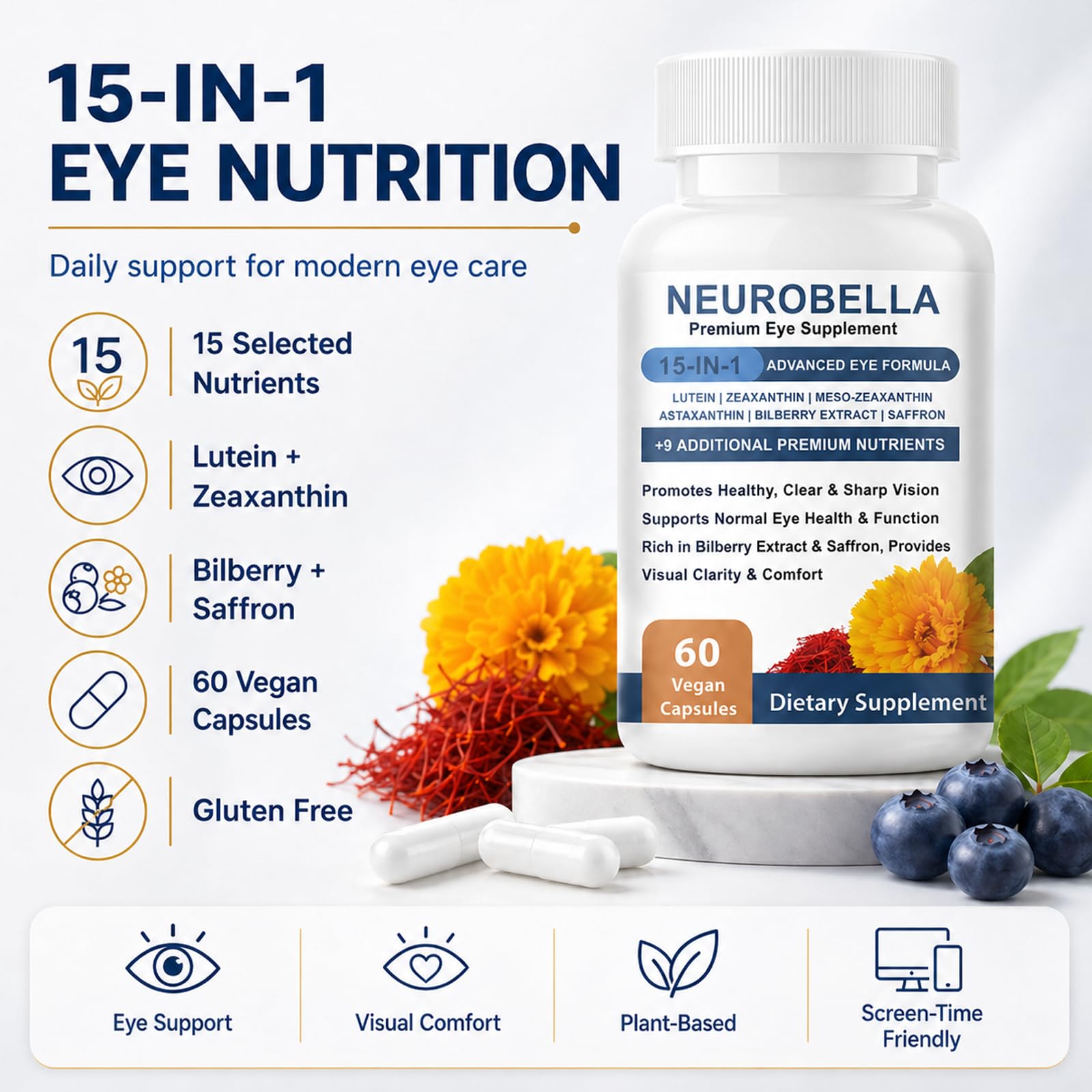 versafy Lutein capsules on a wooden table