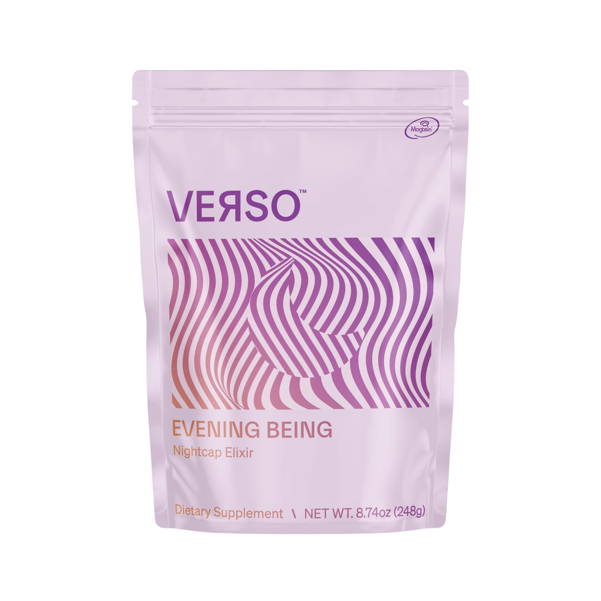 Verso Evening Being powder supplement front view with packaging
