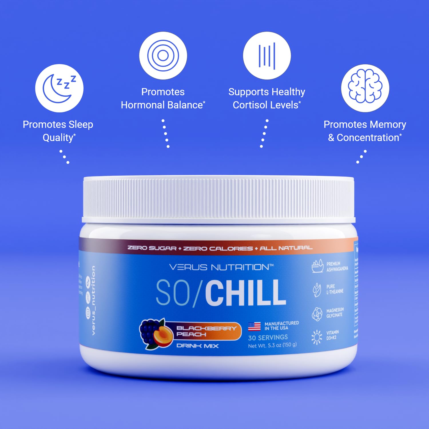 VERUS NUTRITION SoChill Powdered Drink Mix Blackberry Peach canister side view