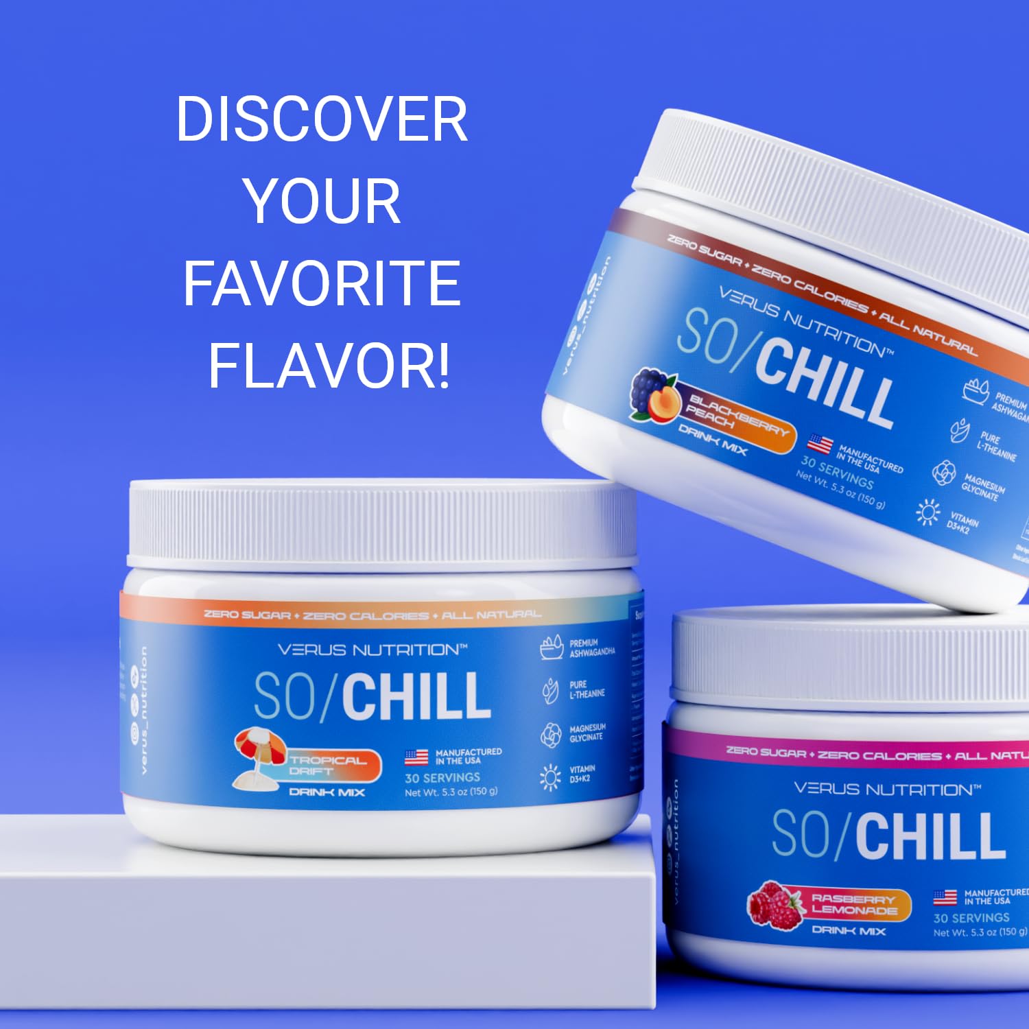VERUS NUTRITION SoChill Powdered Drink Mix Tropical Drift canister on a kitchen counter