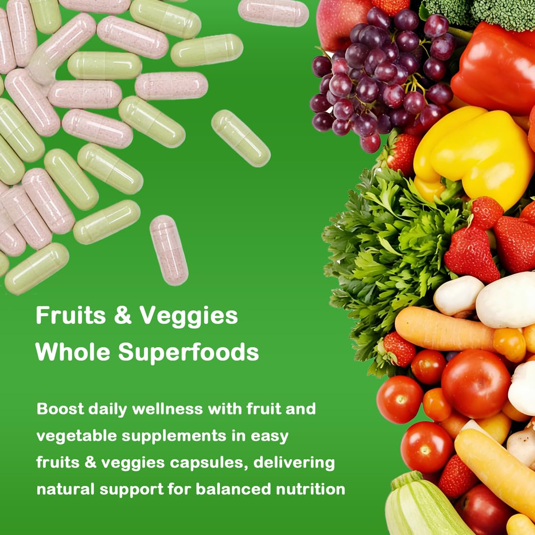 Vespecial fruits and vegetables capsules on a wooden surface