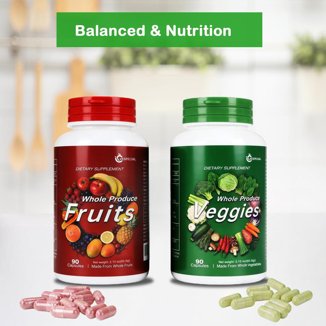 Vespecial Fruits & Vegetables Supplement Set back view with ingredient list