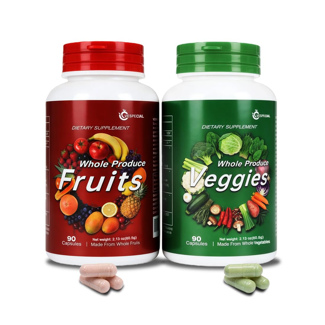 Vespecial Fruits & Vegetables Supplement Set front view with two bottles