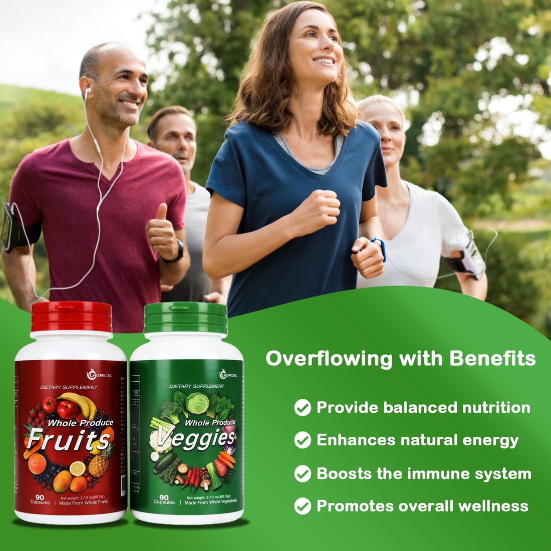 Vespecial Fruits & Vegetables Supplement Set side view showing capsule count