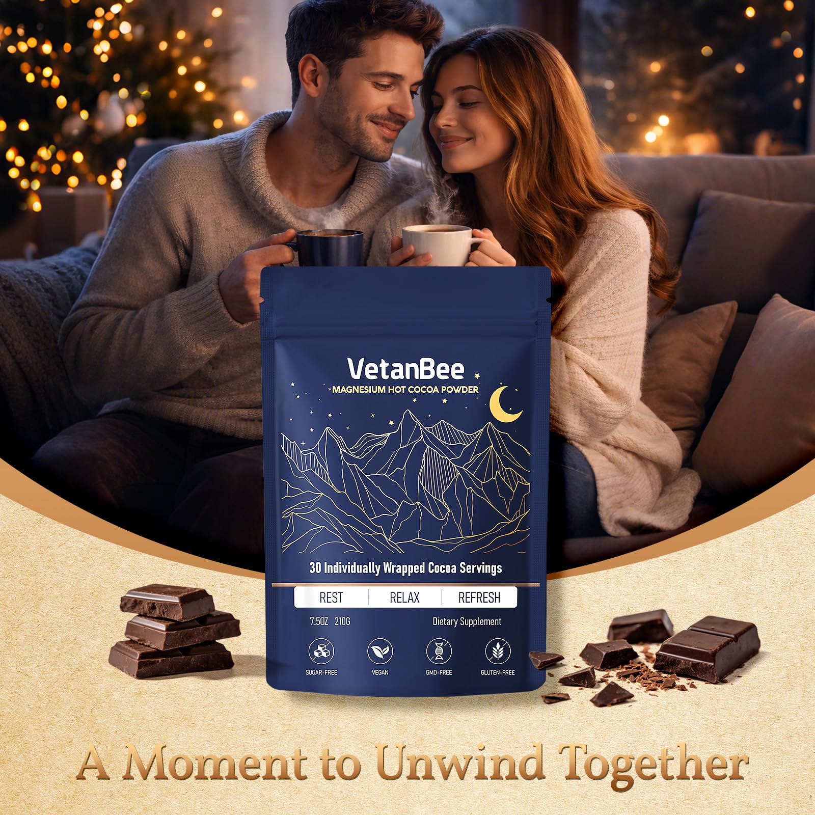 VetanBee Sleep Cocoa Drink Mix lifestyle scene with cozy blanket